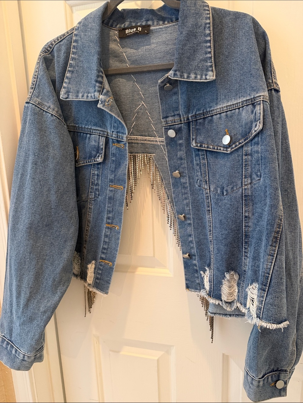 Cropped Distressed Jean Jacket - Blue
